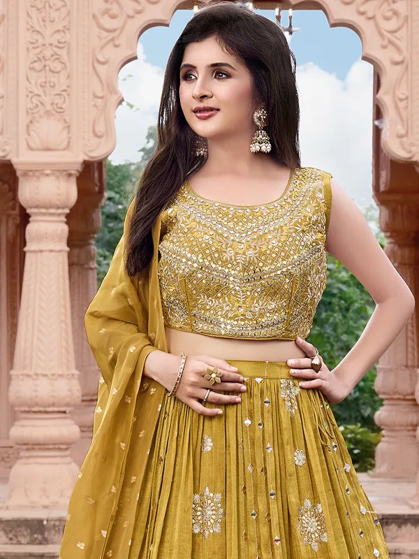 Mehendi olive silk aabla work lehenga choli with dupatta