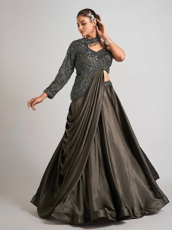 Mehendi olive silk designer lehenga choli