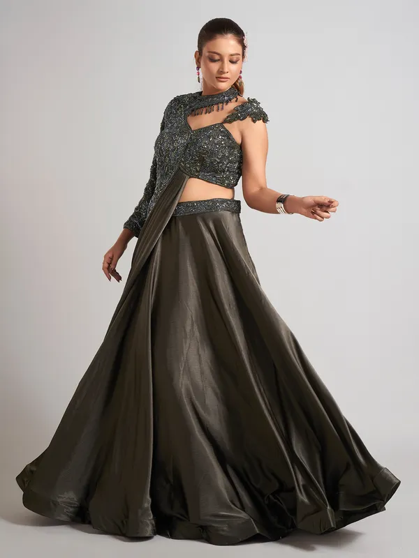 Mehendi olive silk designer lehenga choli