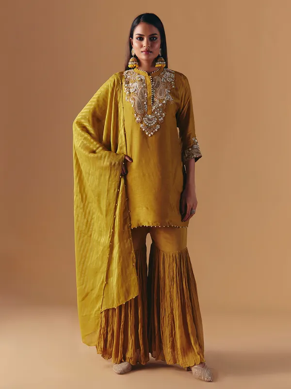 Mehendi olive silk pakistani sharara suit