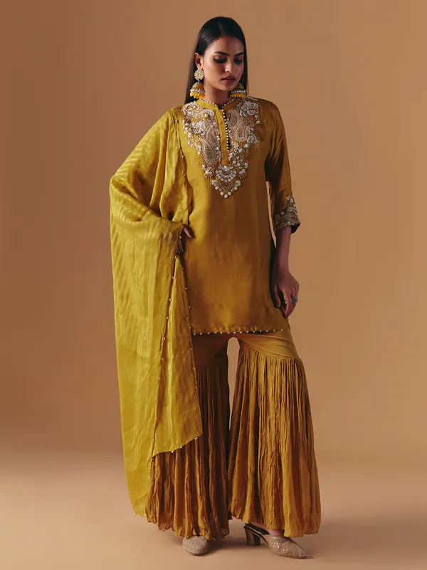 Mehendi olive silk pakistani sharara suit