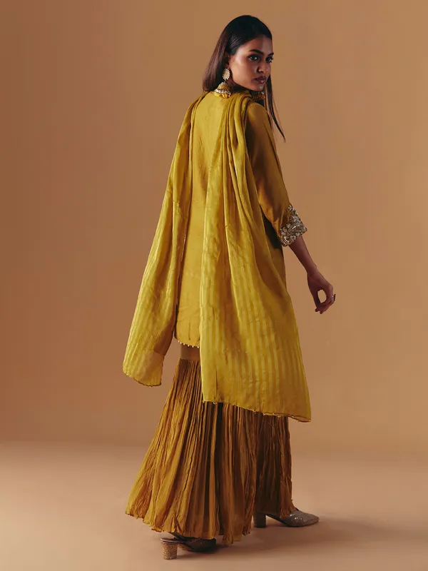 Mehendi olive silk pakistani sharara suit