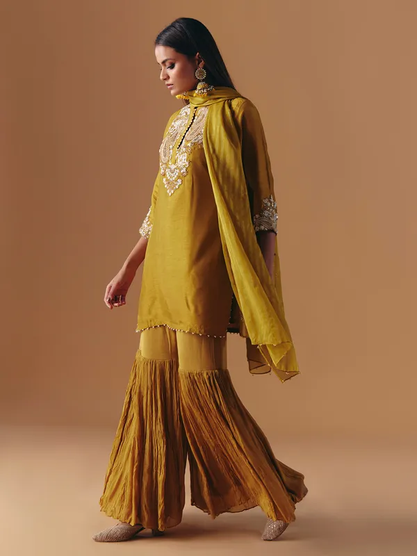 Mehendi olive silk pakistani sharara suit