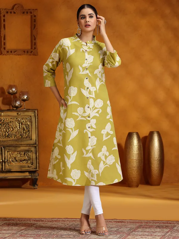 Mehendi yellow cotton printed kurti for women