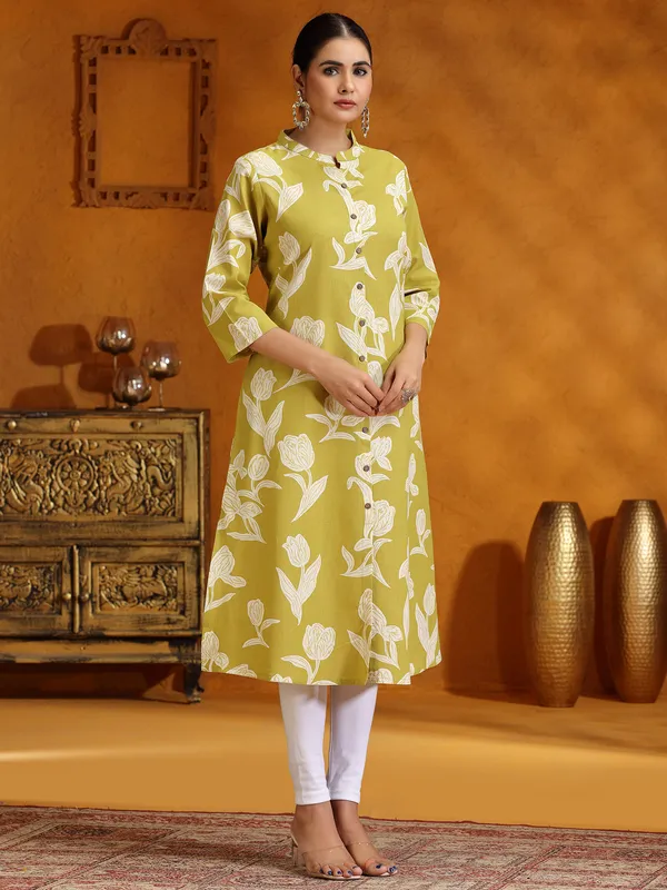 Mehendi yellow cotton printed kurti for women
