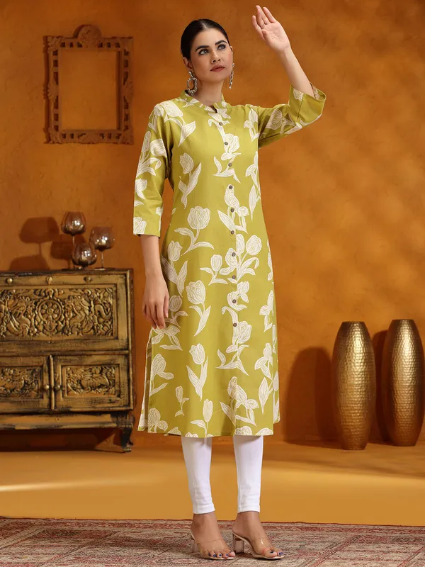 Mehendi yellow cotton printed kurti for women