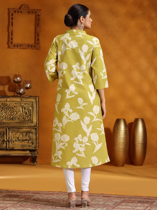 Mehendi yellow cotton printed kurti for women