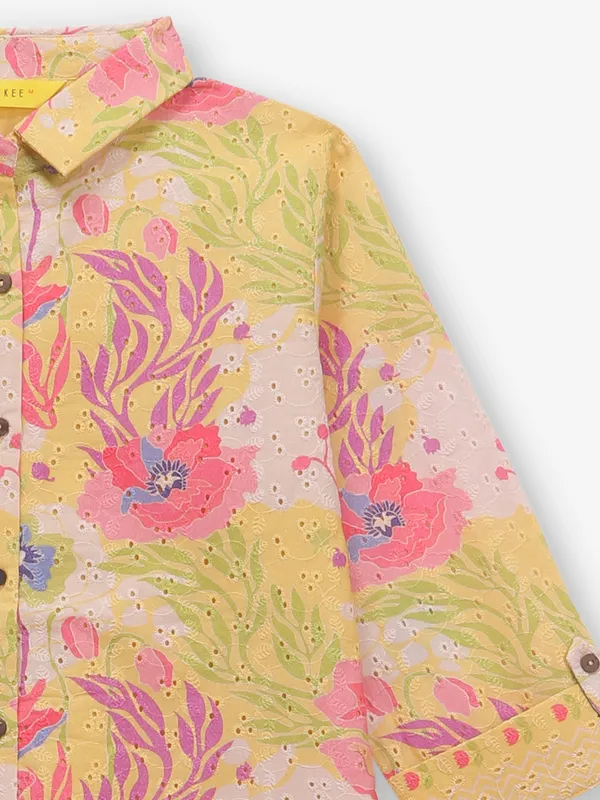 Mehendi yellow cotton printed tunic top