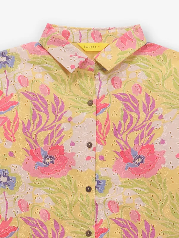 Mehendi yellow cotton printed tunic top