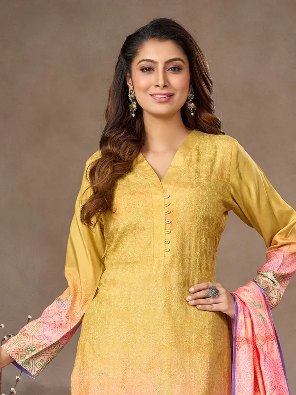 Mehendi yellow cotton silk salwar suit with v neckline