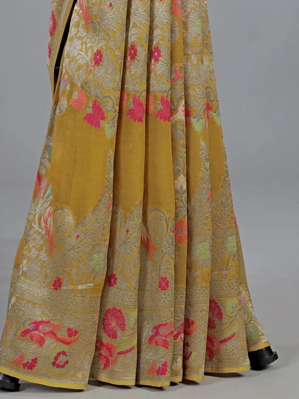 Mehendi yellow dola silk saree with colorful motifs