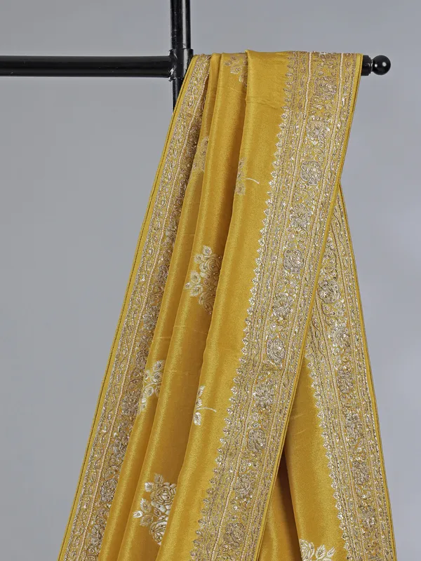 Mehendi yellow dola silk unstitched saree with zardosi work