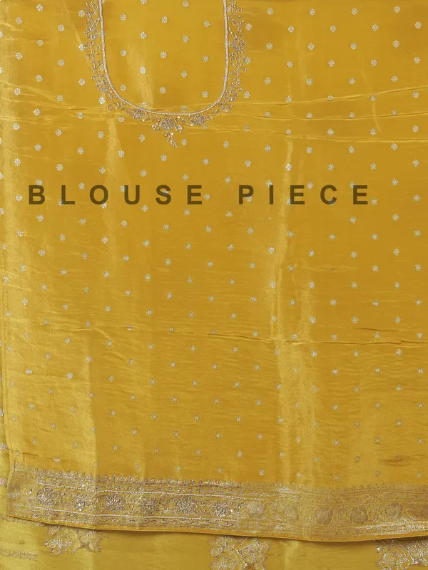 Mehendi yellow dola silk unstitched saree with zardosi work