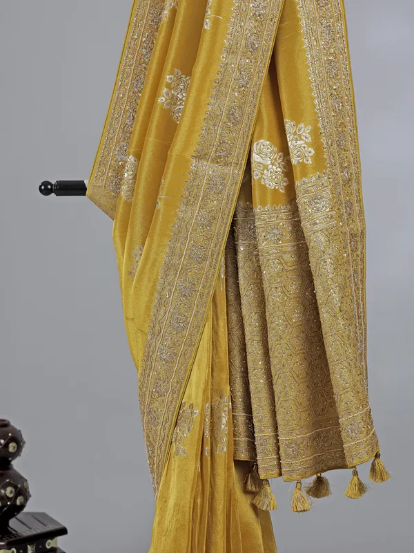 Mehendi yellow dola silk unstitched saree with zardosi work
