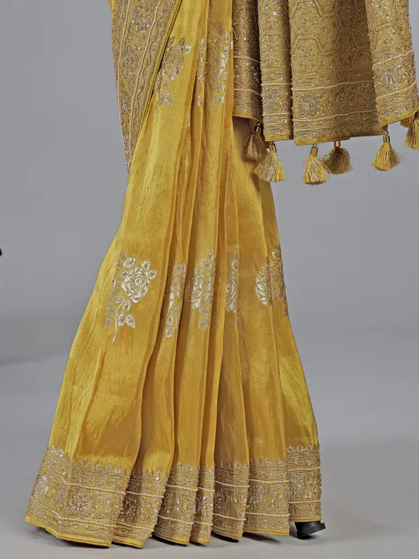 Mehendi yellow dola silk unstitched saree with zardosi work