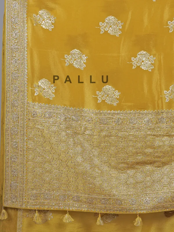 Mehendi yellow dola silk unstitched saree with zardosi work