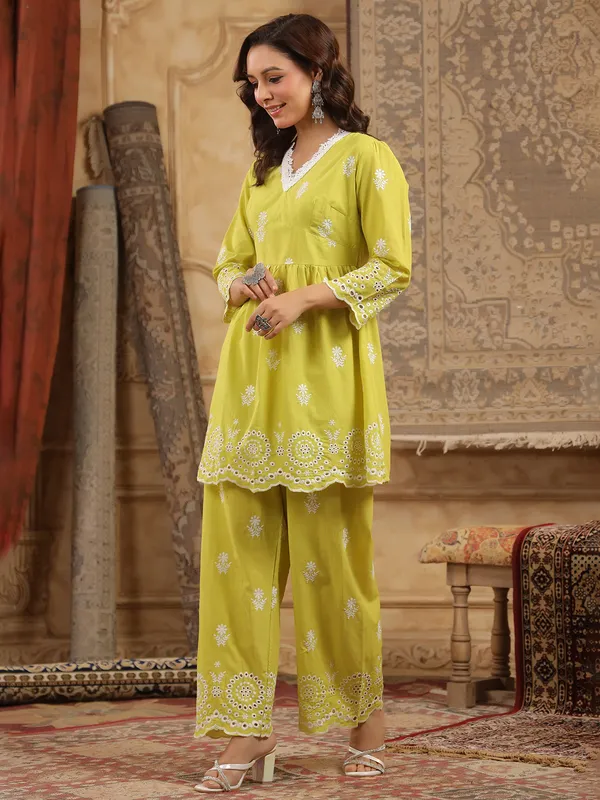 Mehendi yellow embroidered cotton silk kurti set