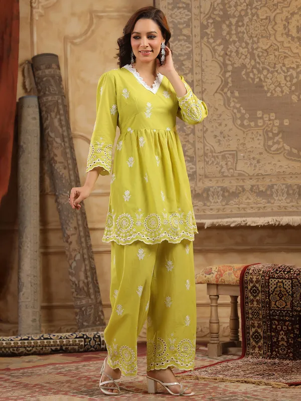 Mehendi yellow embroidered cotton silk kurti set