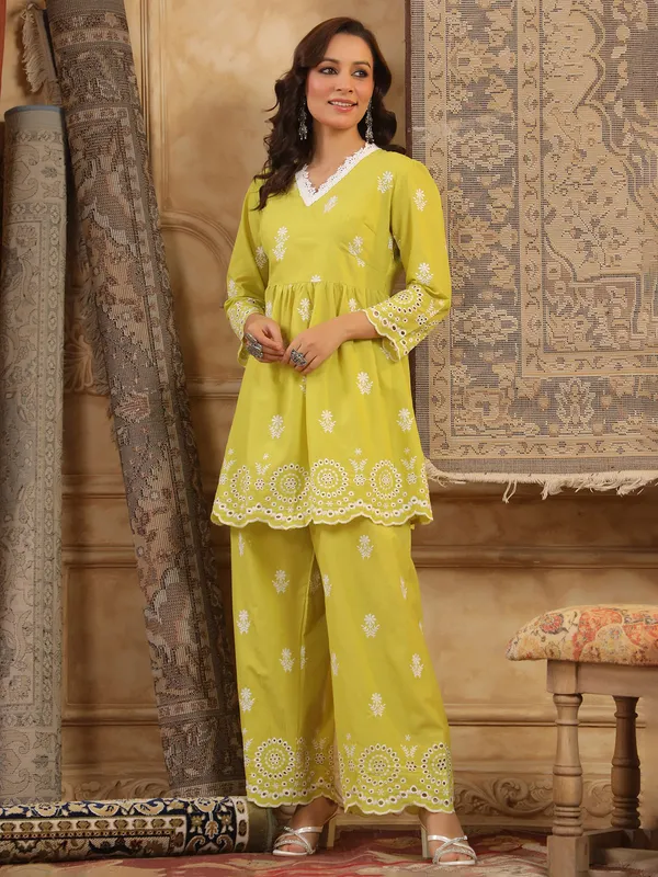 Mehendi yellow embroidered cotton silk kurti set