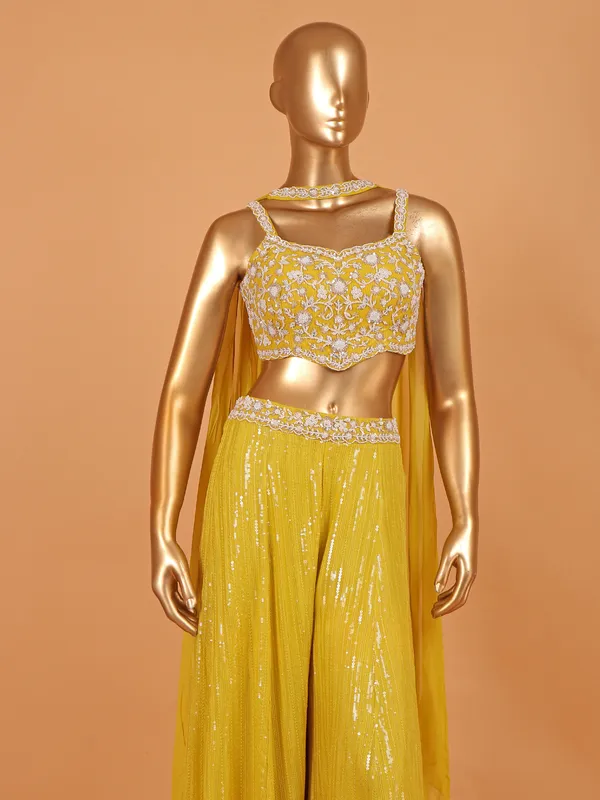 Mehendi yellow georgette palazzo suit with shrug