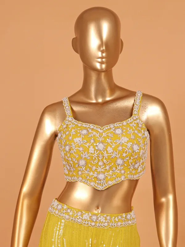 Mehendi yellow georgette palazzo suit with shrug
