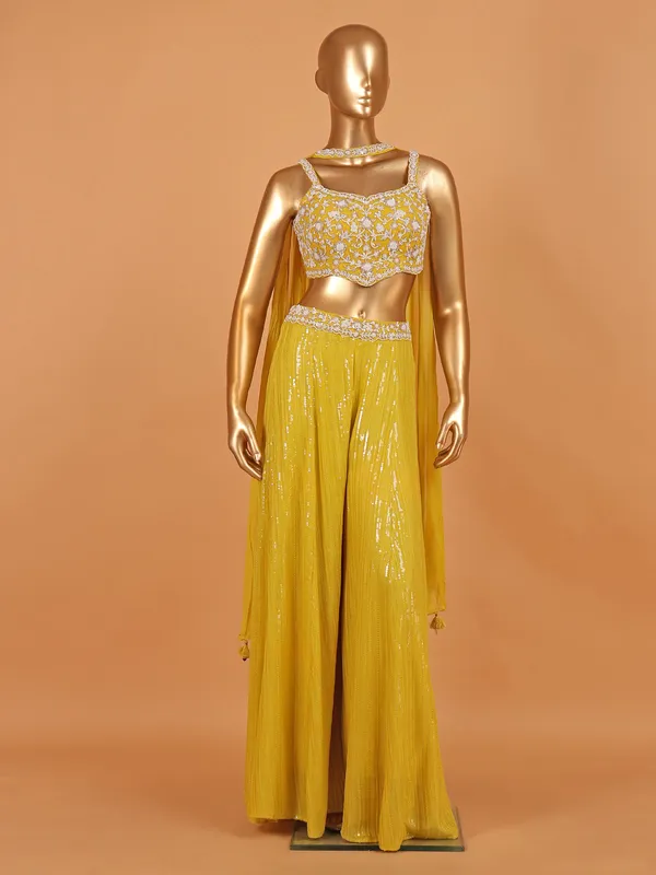 Mehendi yellow georgette palazzo suit with shrug