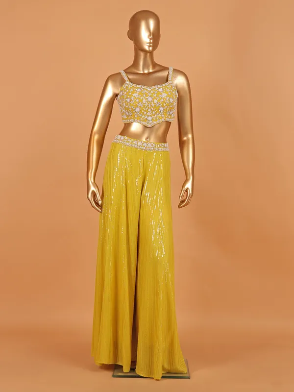 Mehendi yellow georgette palazzo suit with shrug