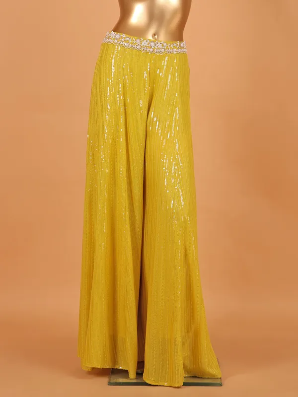 Mehendi yellow georgette palazzo suit with shrug
