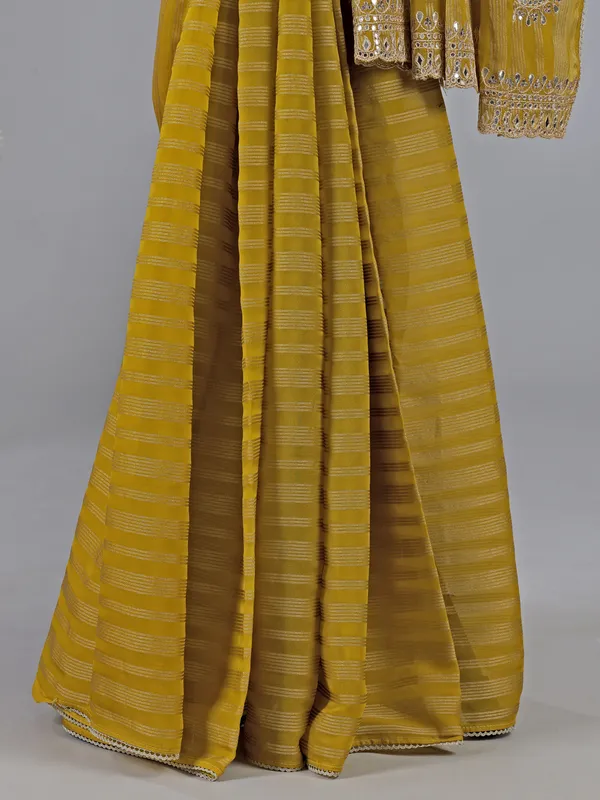 Mehendi yellow georgette saree with gota detailing