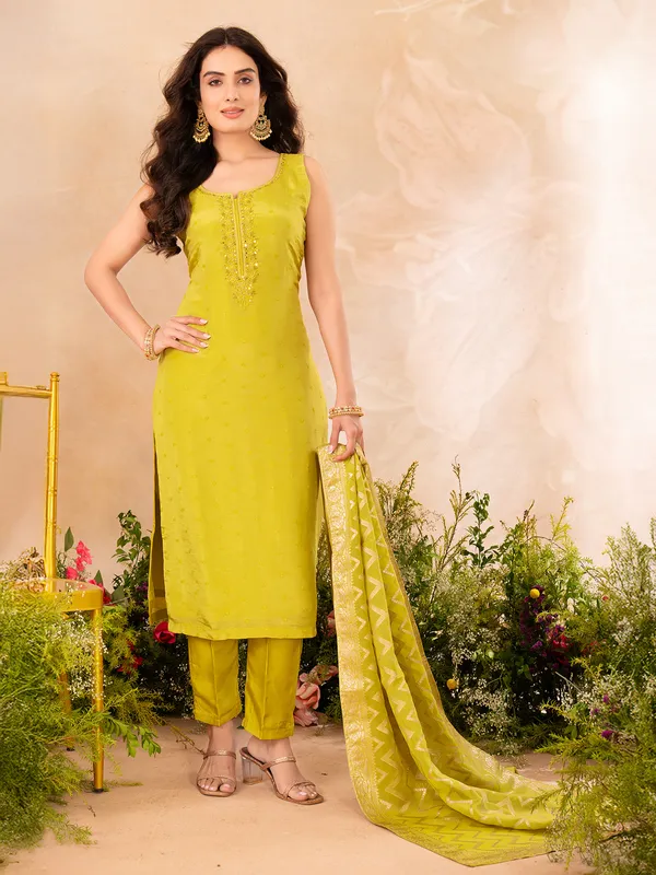 Mehendi yellow heavy work salwar suit