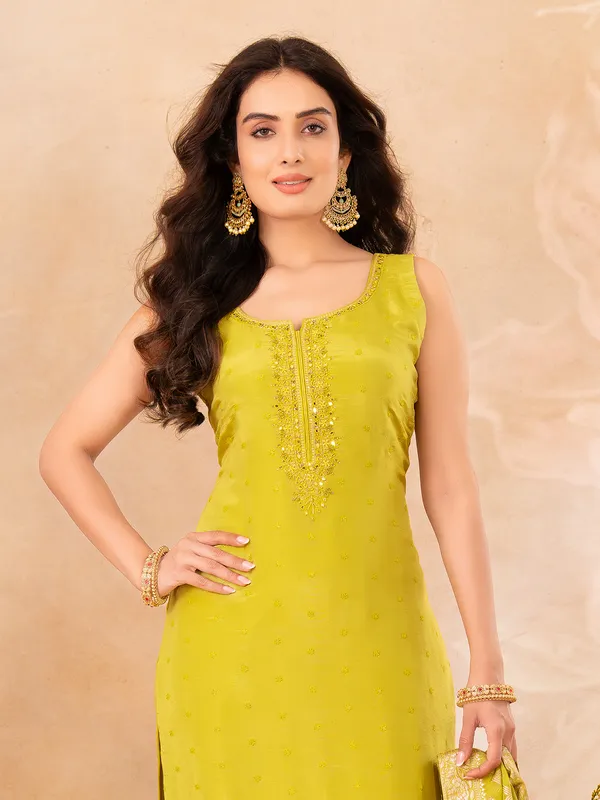 Mehendi yellow heavy work salwar suit