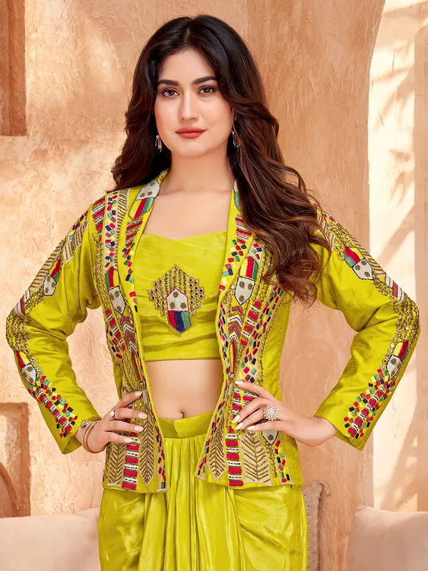 Mehendi yellow jacket style indowestern suit
