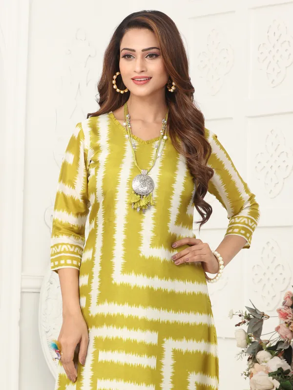 Mehendi yellow kurti set in russian silk