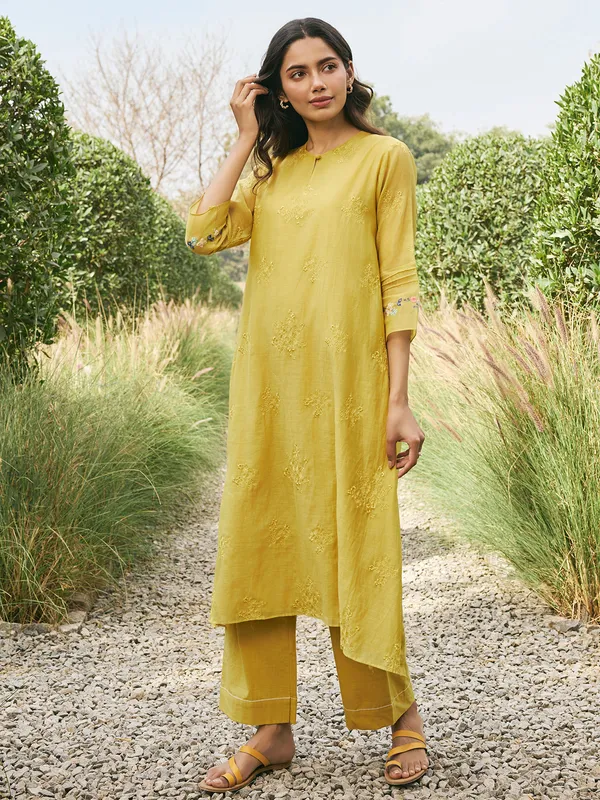 Mehendi yellow muslin cotton salwar suit