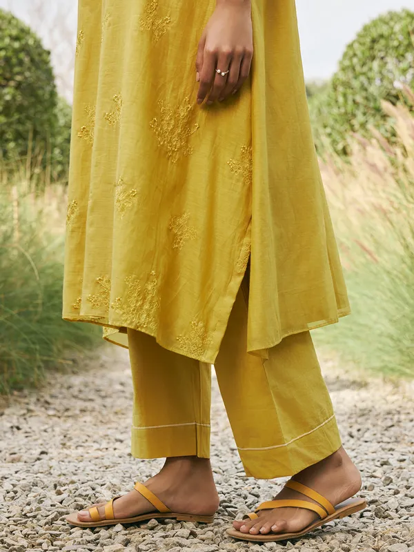 Mehendi yellow muslin cotton salwar suit