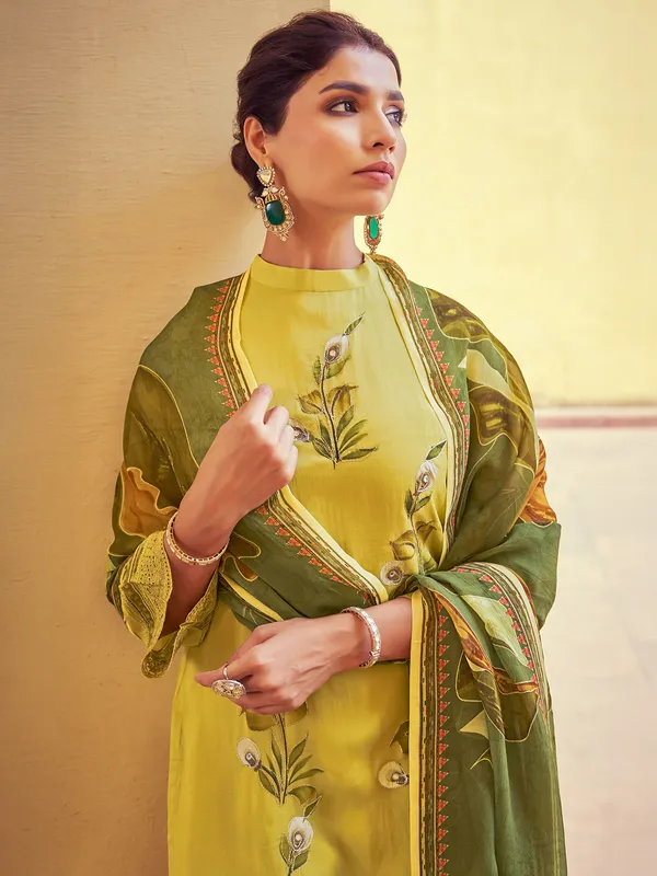 Mehendi yellow organza salwar suit with cutwork