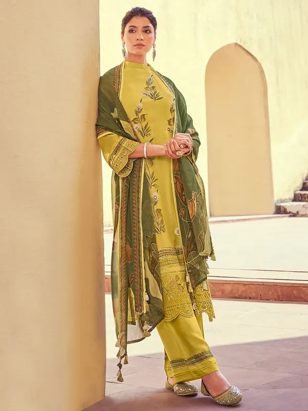 Mehendi yellow organza salwar suit with cutwork