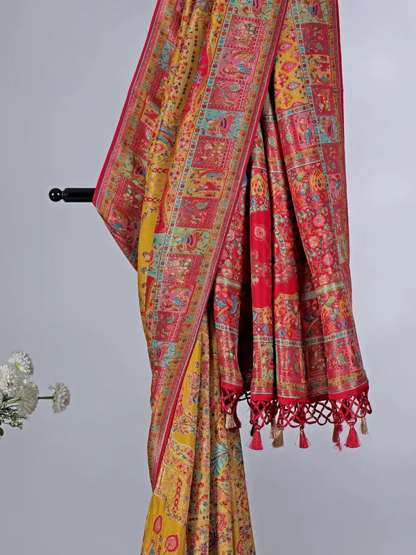 Mehendi yellow pashmina silk saree