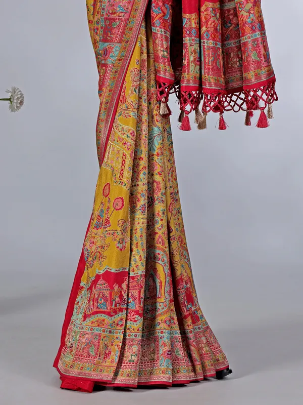 Mehendi yellow pashmina silk saree