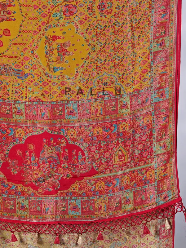 Mehendi yellow pashmina silk saree
