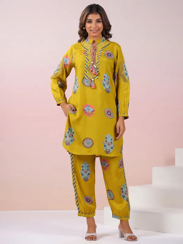 Mehendi yellow printed cotton silk kurti set