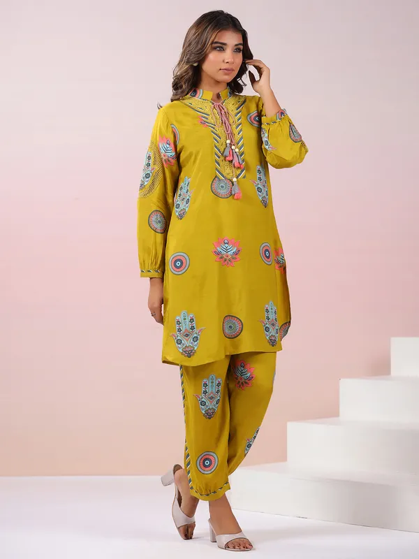 Mehendi yellow printed cotton silk kurti set