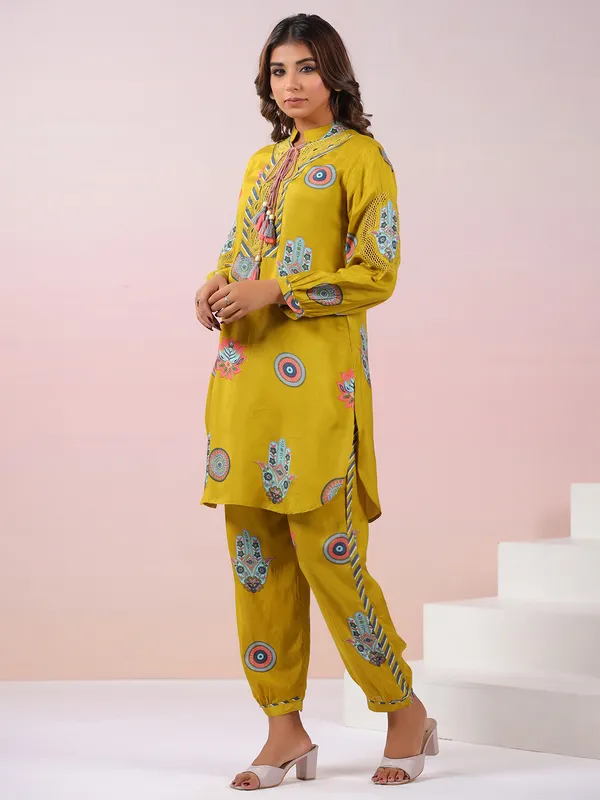 Mehendi yellow printed cotton silk kurti set
