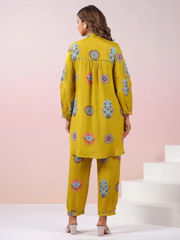 Mehendi yellow printed cotton silk kurti set
