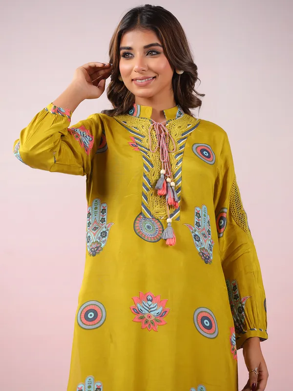 Mehendi yellow printed cotton silk kurti set