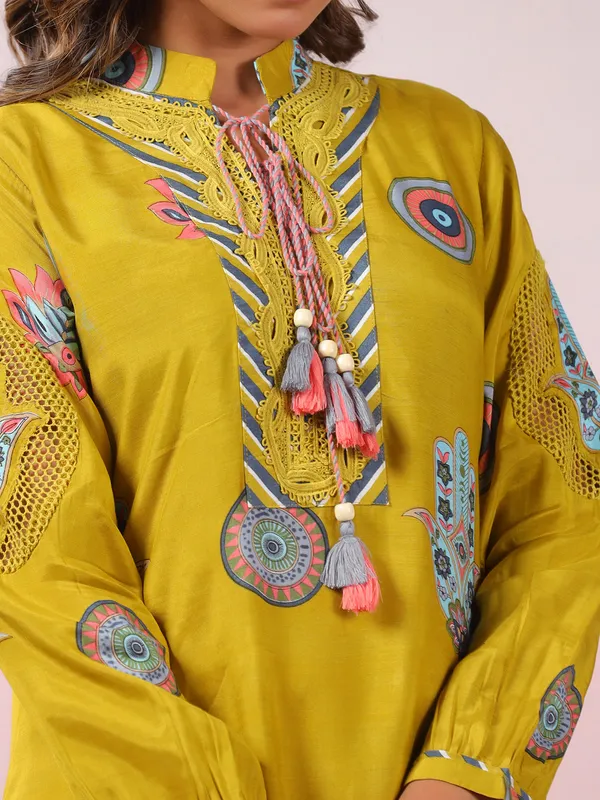 Mehendi yellow printed cotton silk kurti set