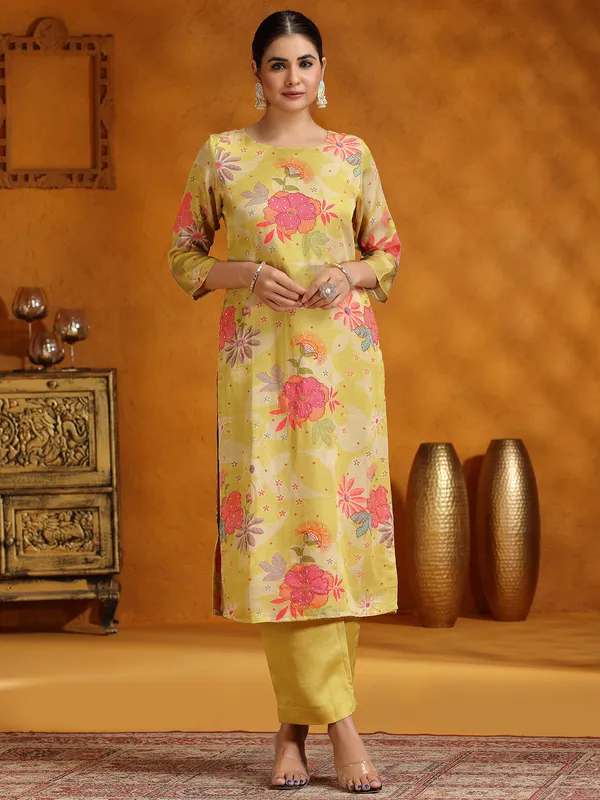 Mehendi yellow printed silk kurti set