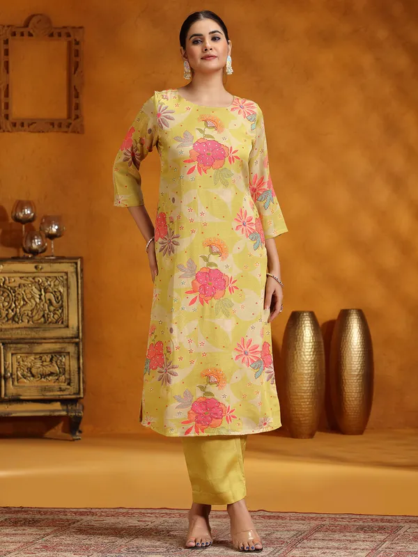 Mehendi yellow printed silk kurti set