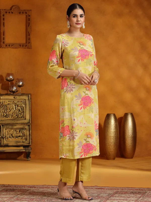 Mehendi yellow printed silk kurti set