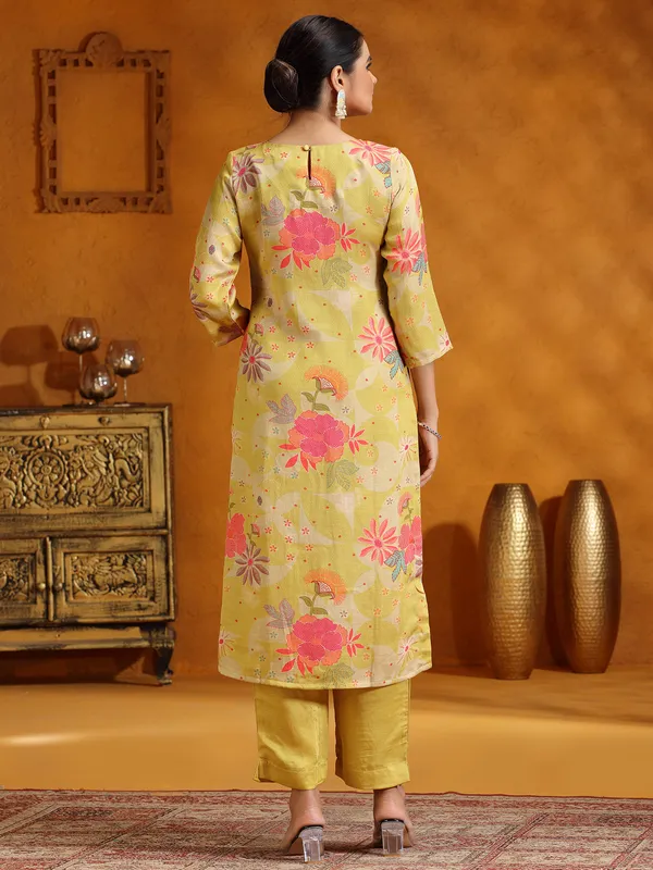 Mehendi yellow printed silk kurti set